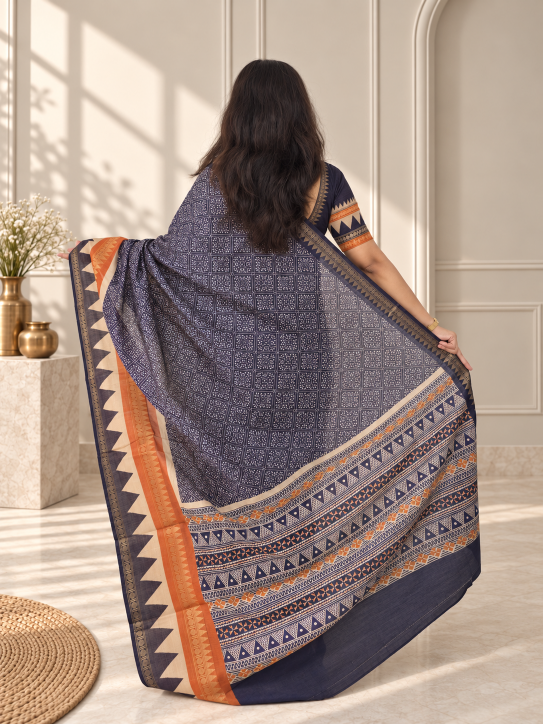 navy blue soft cotton saree with zari border