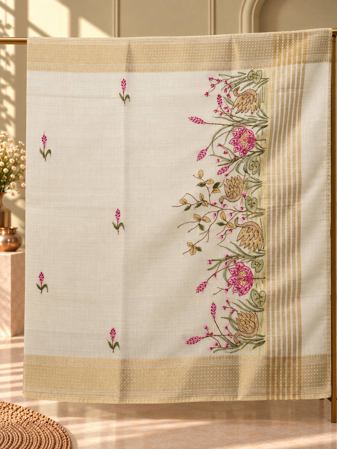 ivory linen saree with hand embroidered pink florals
