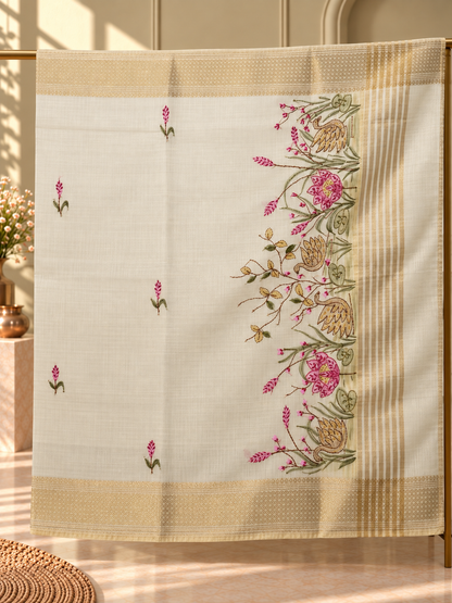 Ivory Linen Saree with Hand Embroidered Pink Florals