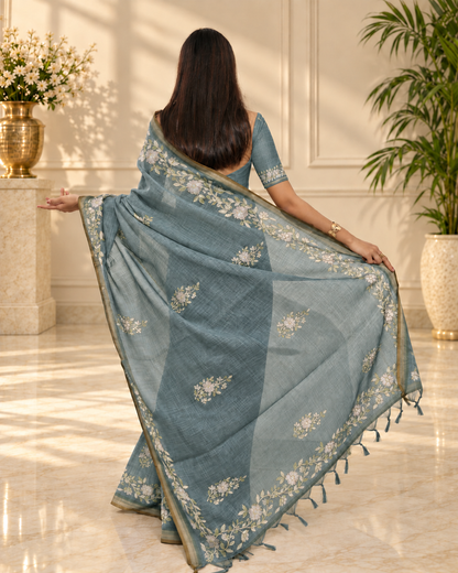 Dusty Teal Blue Linen Saree with Handcrafted Aari Floral Embroidery