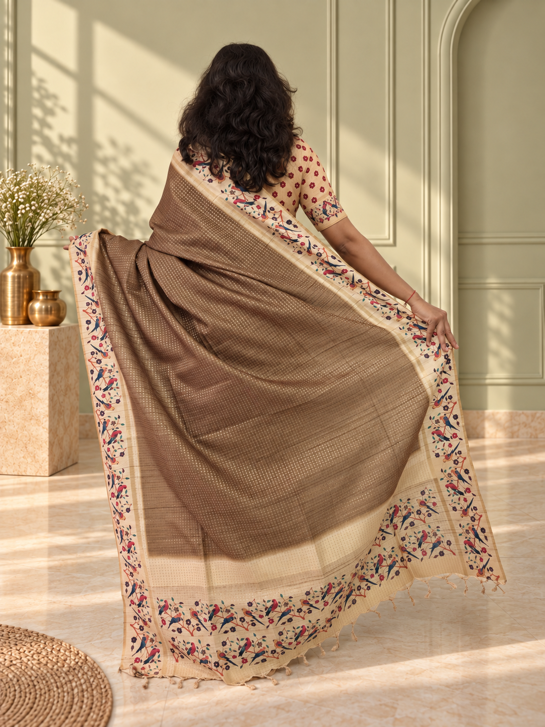 bird & floral print taupe brown tussar silk saree