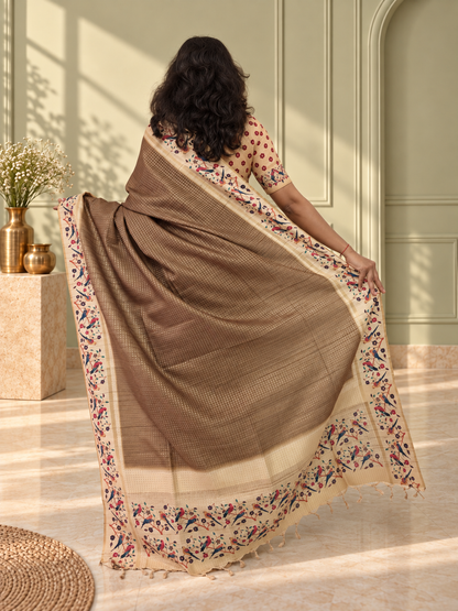 Bird & Floral Print Taupe Brown Tussar Silk Saree