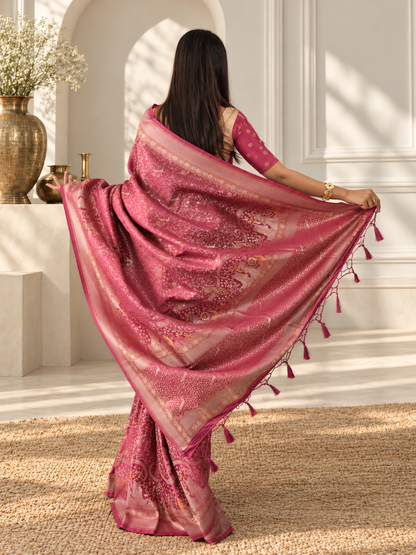 Rose Pink Pure Mashru Silk Handwoven Banarasi Saree with Rich Zari Border