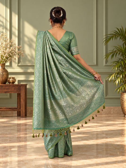 Sage Green Crepe Jaal Silk Saree with Matching Floral Border