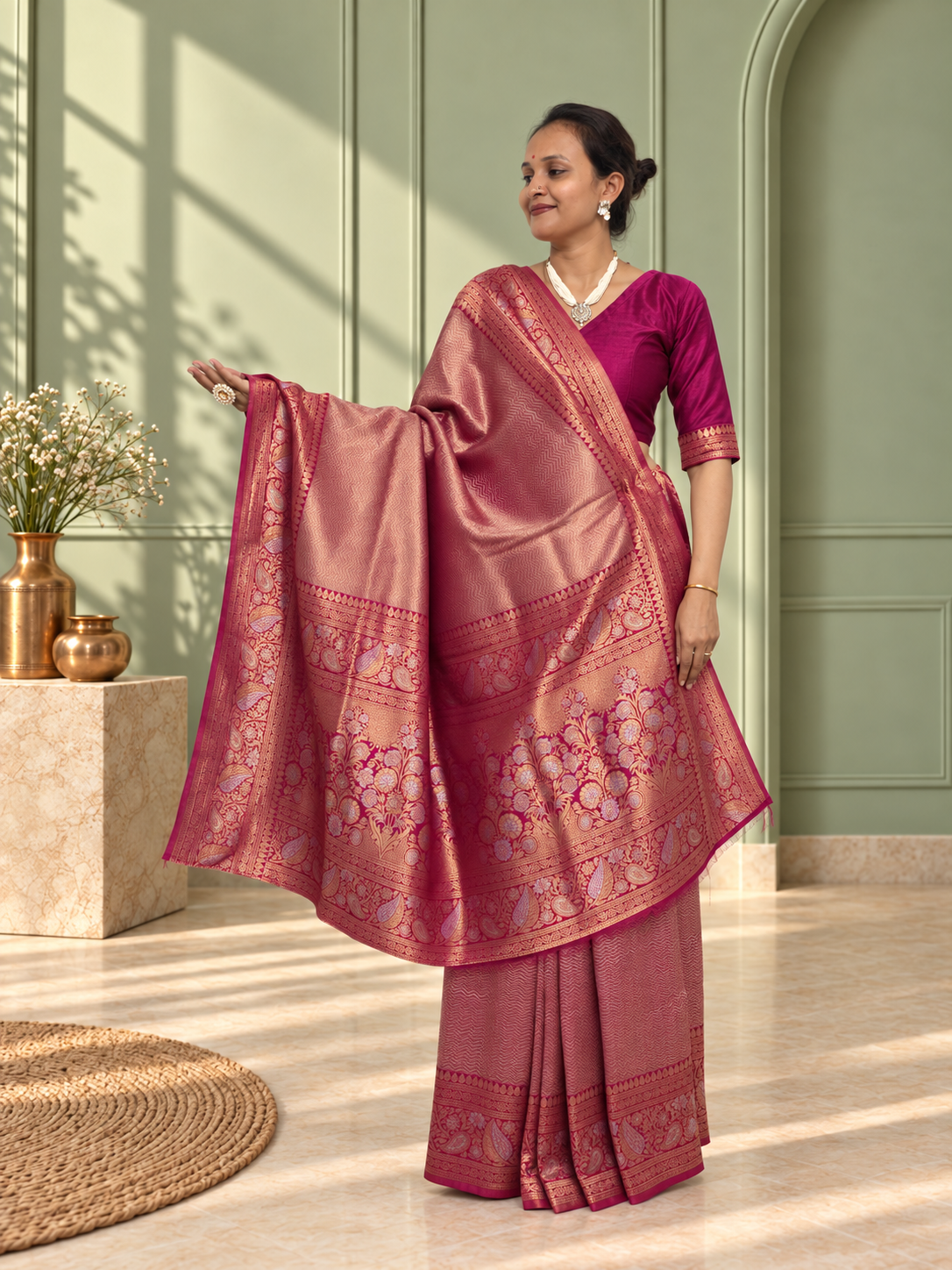 rosewood wine uppada pure silk saree with floral nakshatra border