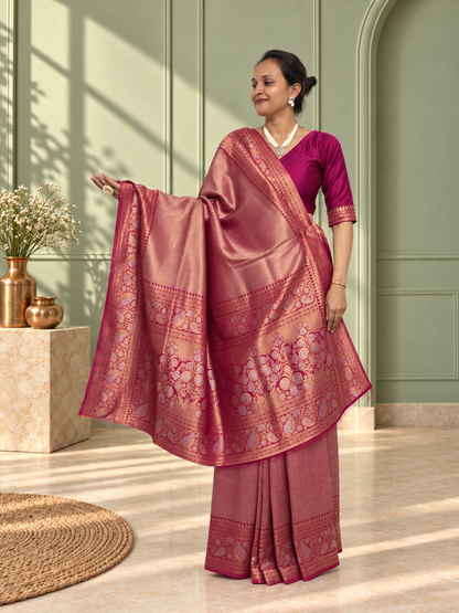 Rosewood Wine Uppada Pure Silk Saree with Floral Nakshatra Border