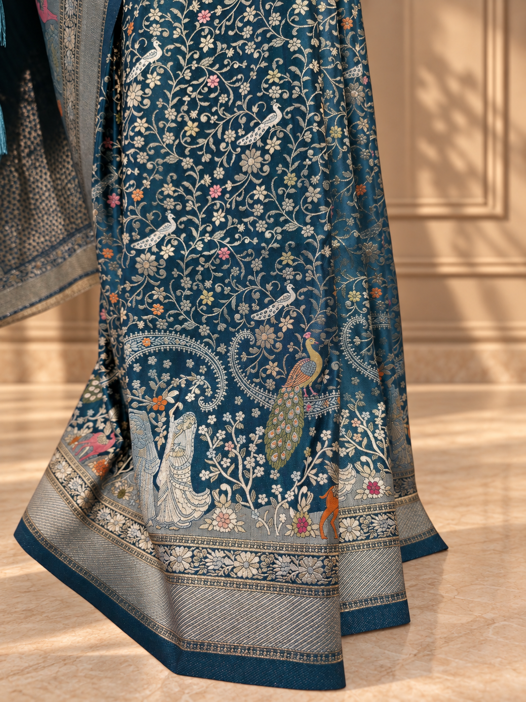 Teal Blue Pure Mashru Silk Handwoven Banarasi Saree with Rich Zari Border