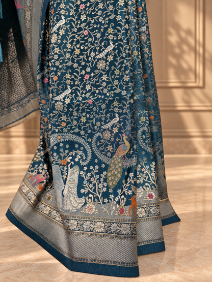 Teal Blue Pure Mashru Silk Handwoven Banarasi Saree with Rich Zari Border
