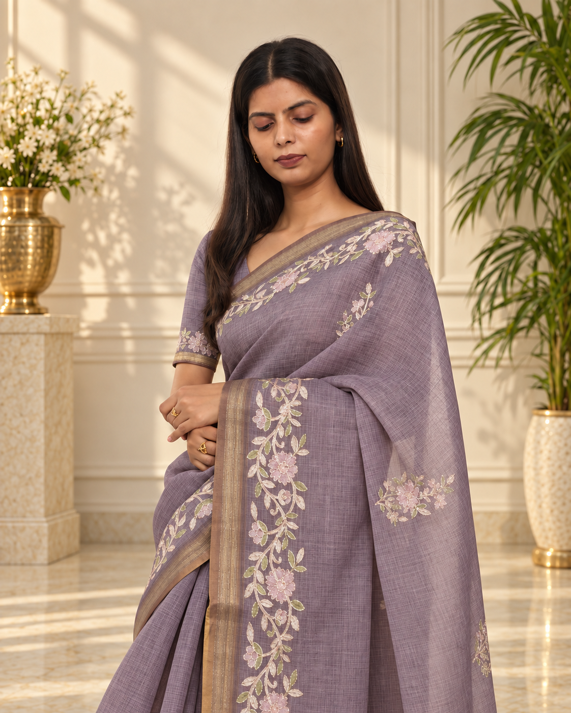 dusty lavender linen saree with handcrafted aari floral embroidery