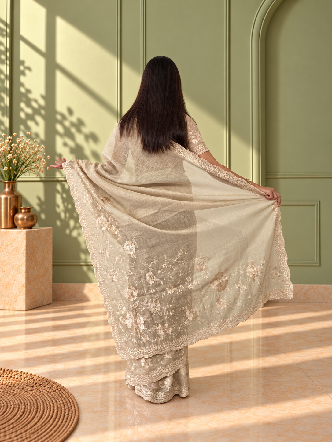 ivory linen tissue cotton saree with intricate floral embroidery
