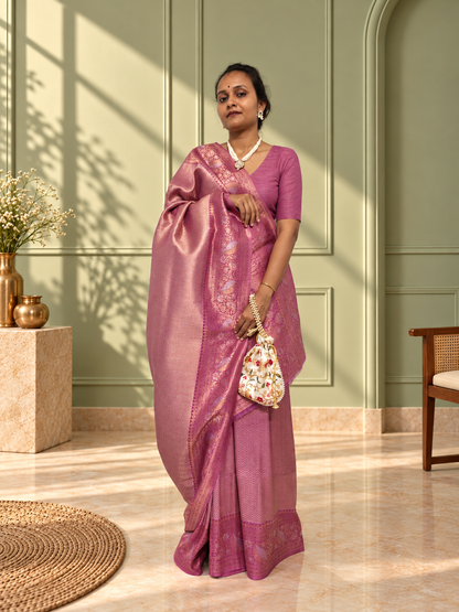 Dusty Mauve Uppada Pure Silk Saree with Floral Nakshatra Border