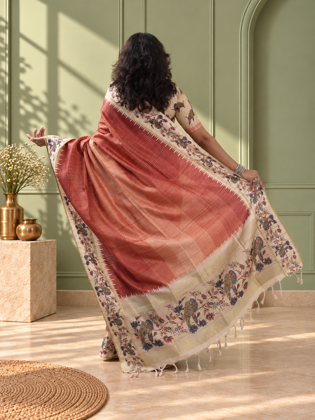 terracotta tussar silk katha print saree with parrot pallu