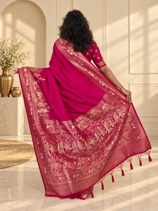 Rani Pink Woven Banarasi Silk Saree with Gold Zari Elephant & Floral Border