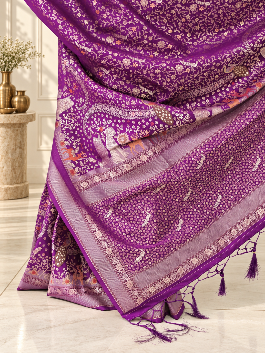 Royal Purple Pure Mashru Silk Handwoven Banarasi Saree with Rich Zari Border