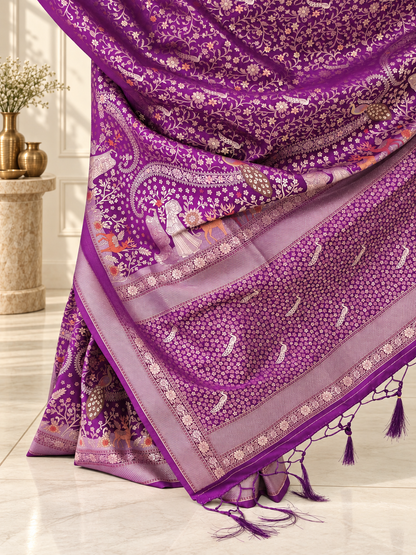 Royal Purple Pure Mashru Silk Handwoven Banarasi Saree with Rich Zari Border