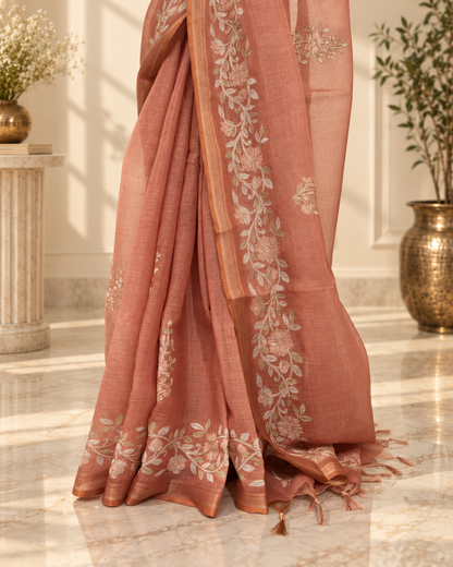 Muted Terracotta Linen Saree with Handcrafted Aari Floral Embroidery