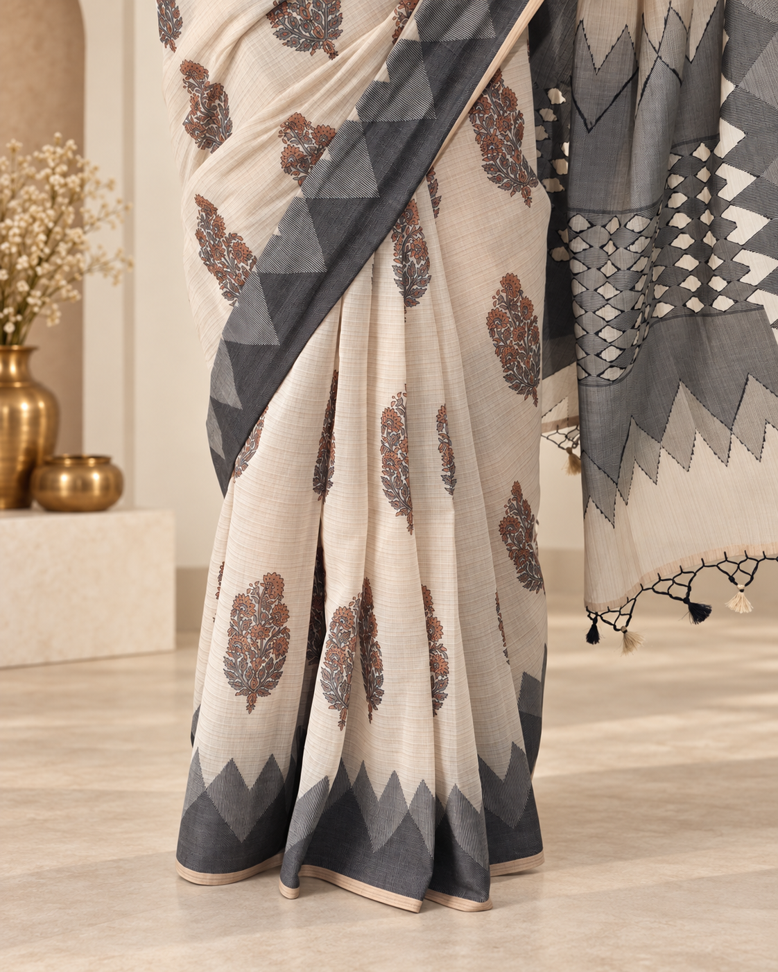 ivory pure chanderi cotton handloom saree with dhakai block print