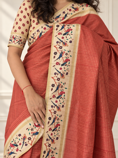 Bird & Floral Print Muted Terracotta Tussar Silk Saree