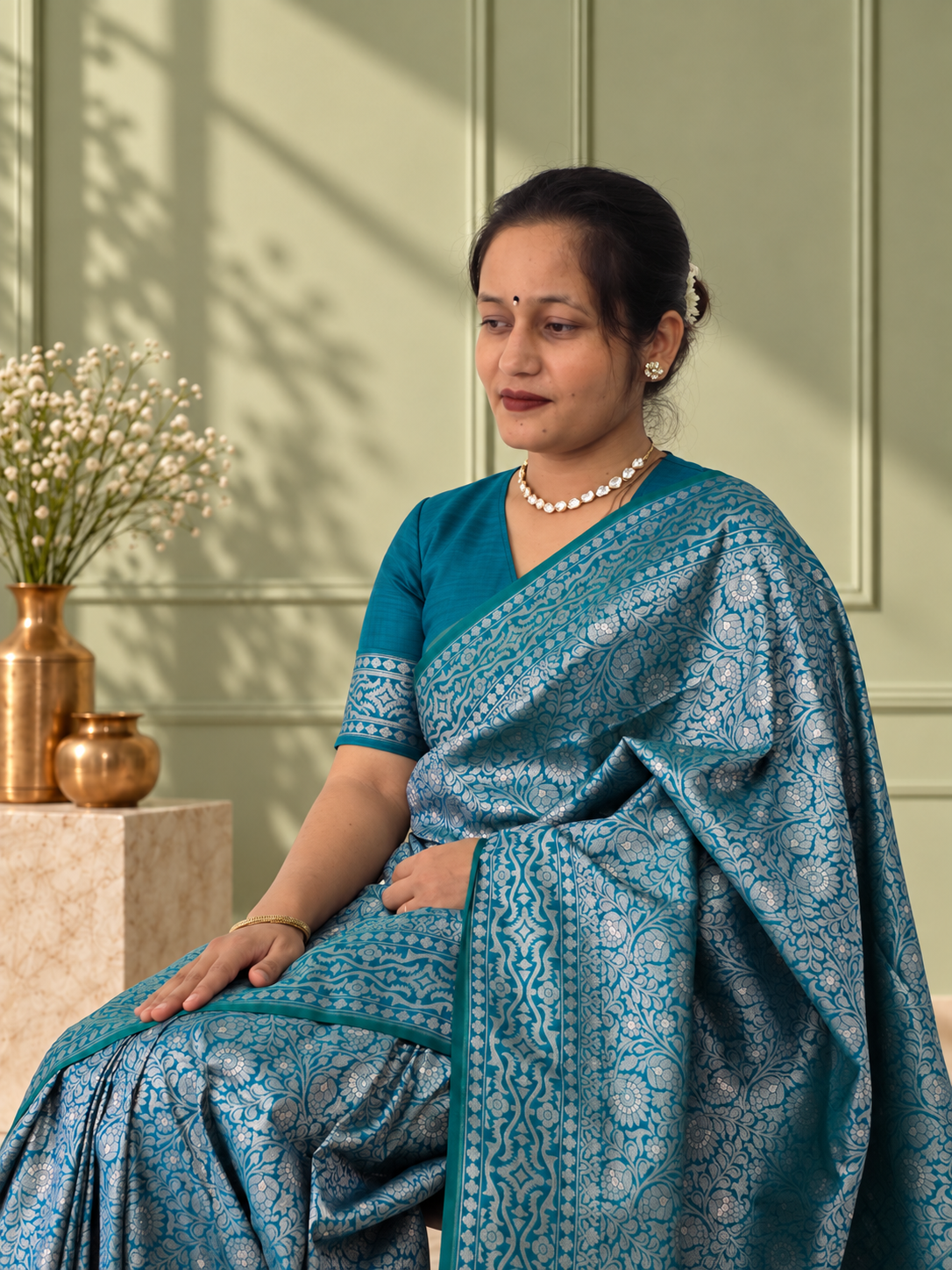 Peacock Blue Crepe Jaal Silk Saree with Matching Floral Border