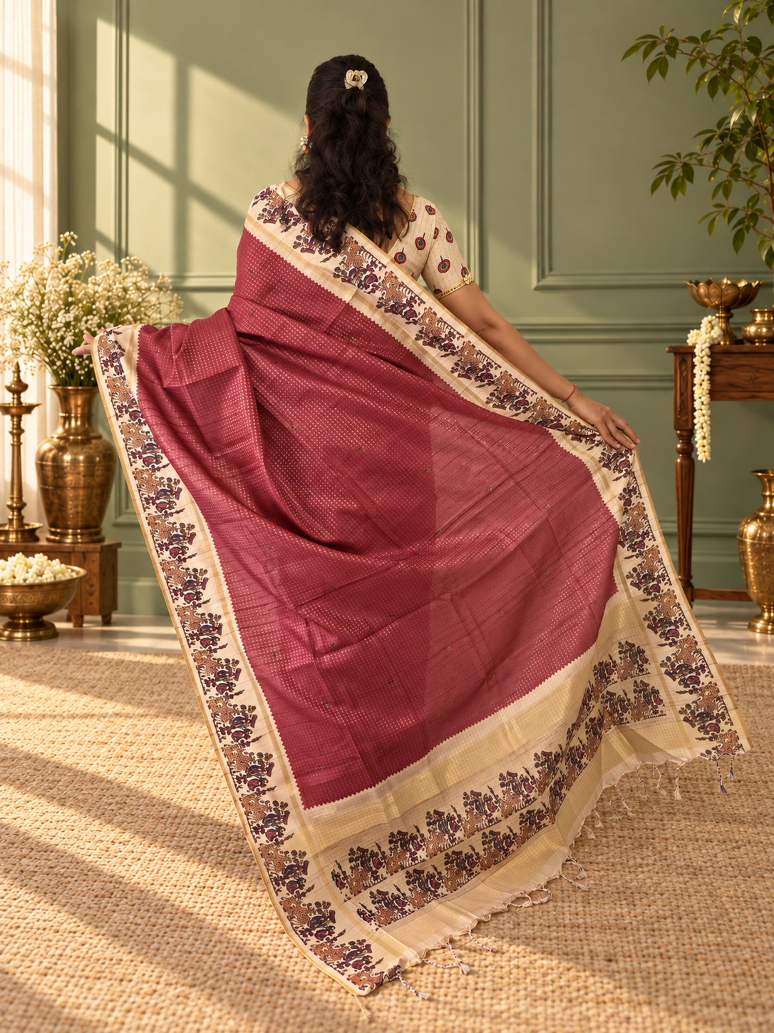 heritage folk art tussar silk saree – brick red
