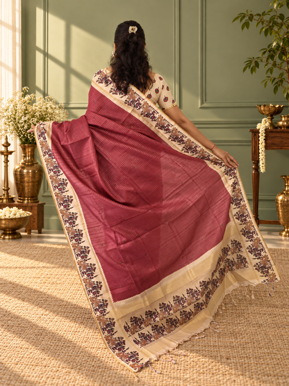 Heritage Folk Art Tussar Silk Saree – Brick Red