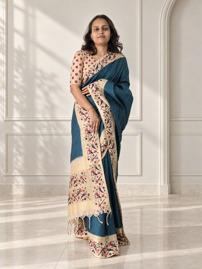 Bird & Floral Print Deep Teal Blue Tussar Silk Saree