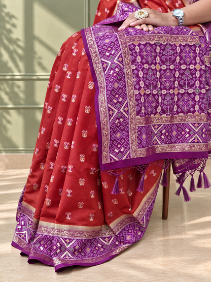 Terracotta Purple Silk Patola Saree with Geometric Woven Border