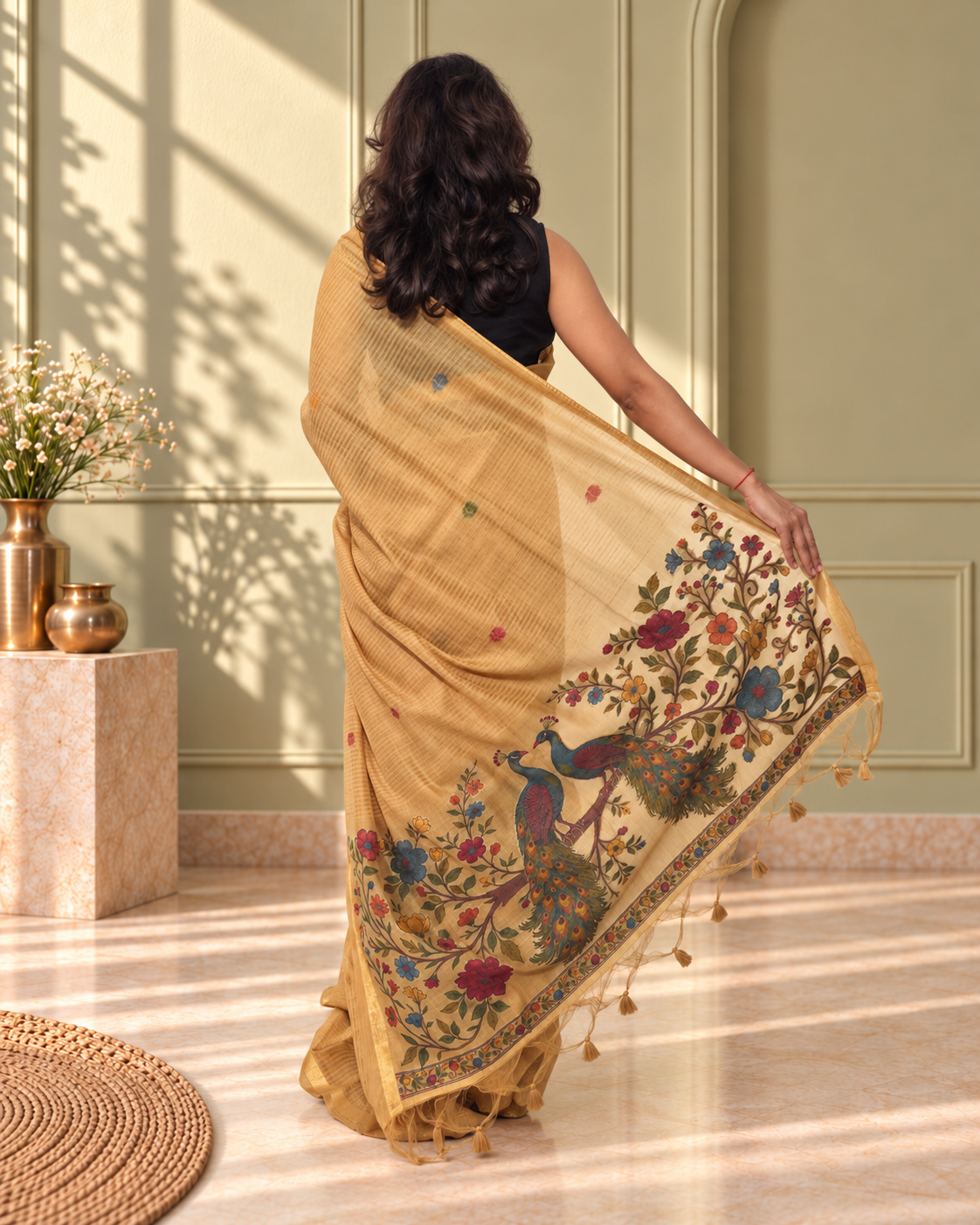 Mustard Gold Cotton Peacock Kalamkari Woven Saree with Gold Stripes