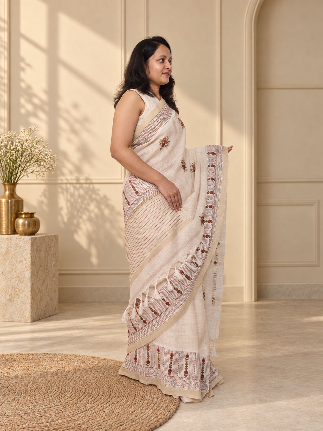 linen silk handloom saree with multicolour katha stitch hand embroidery
