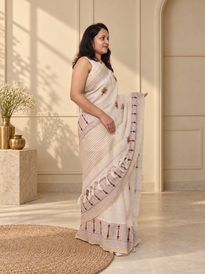 Linen Silk Handloom Saree with Multicolour Katha Stitch Hand Embroidery