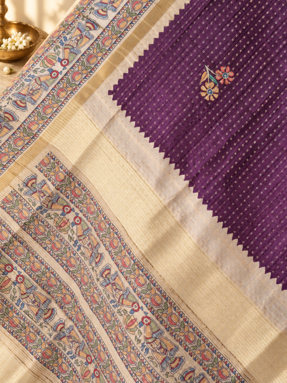 madhubani folk art mauve purple tussar silk saree