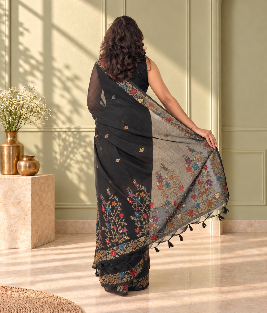Black Cotton Handwoven Jamdani Saree with Multicolour Floral Design