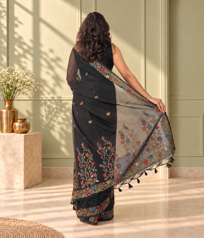 Black Cotton Handwoven Jamdani Saree with Multicolour Floral Design