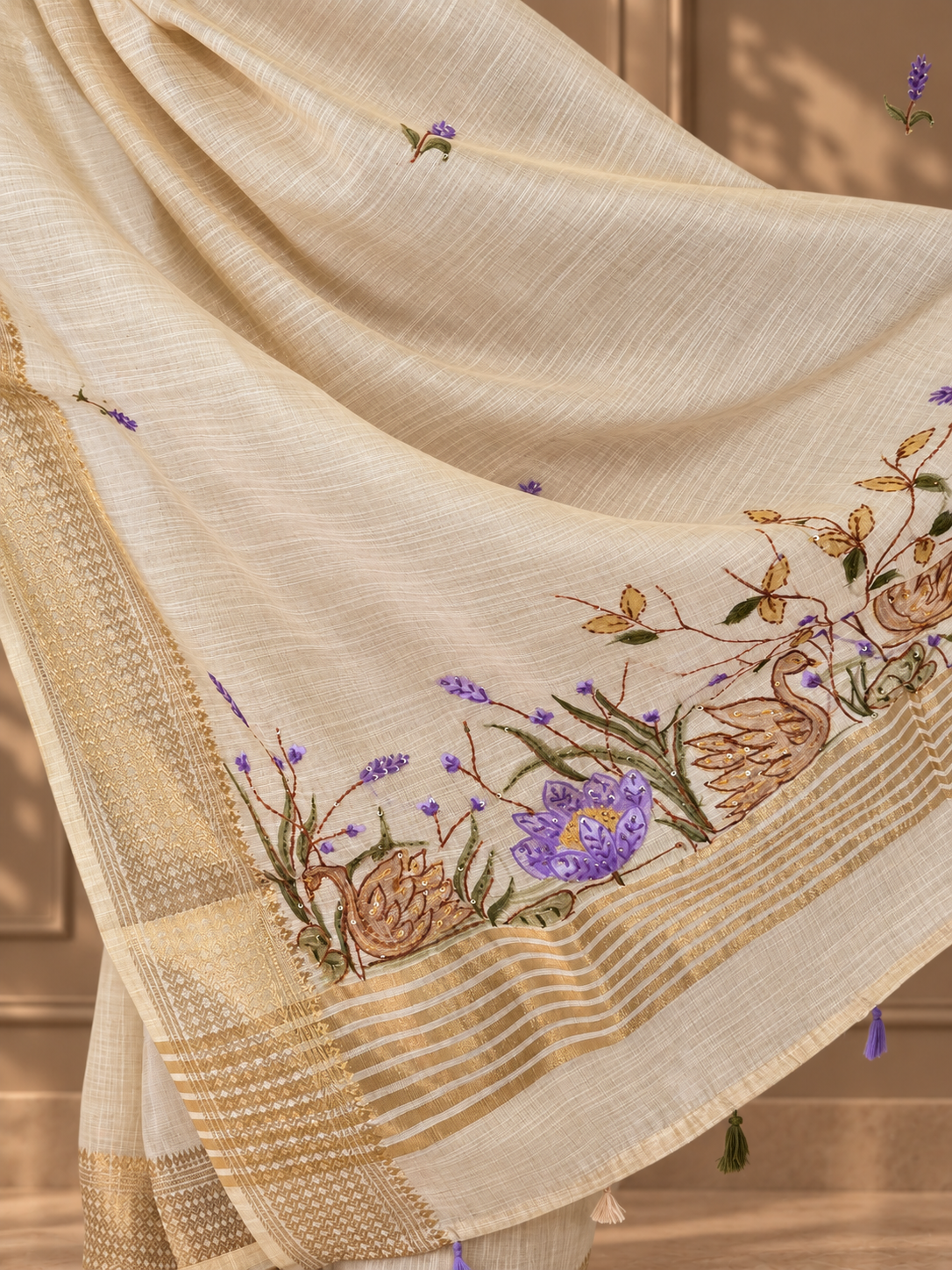 ivory linen saree with hand embroidered purple florals
