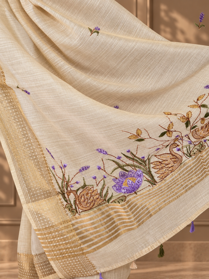 Ivory Linen Saree with Hand Embroidered Purple Florals