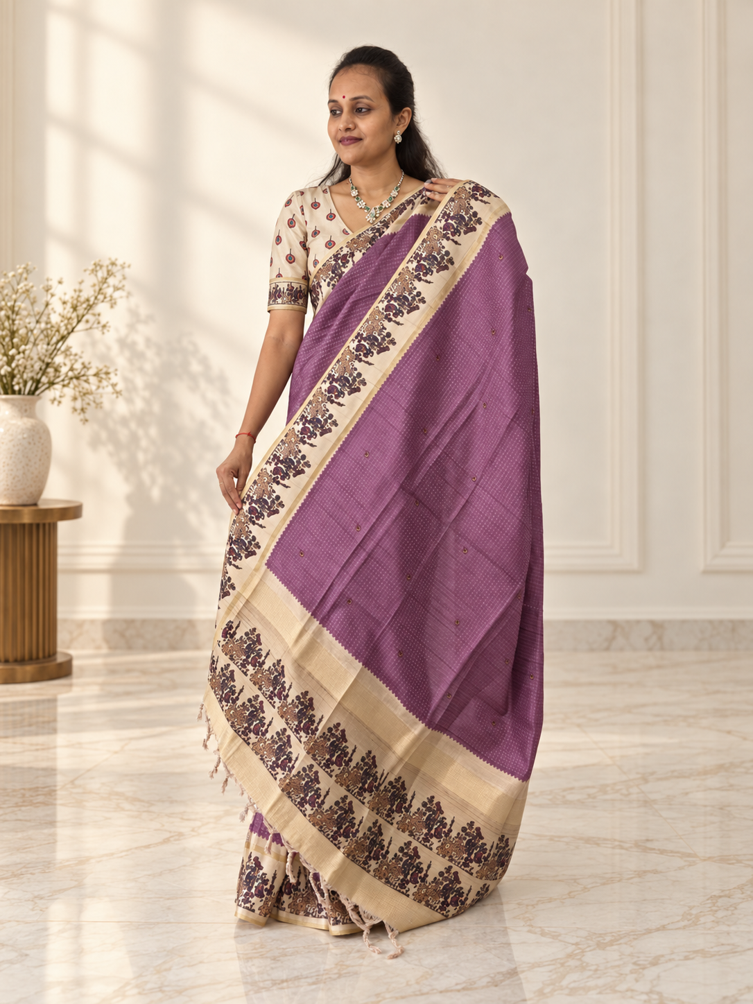 heritage folk art tussar silk saree – mauve purple