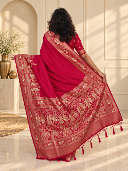Crimson Red Woven Banarasi Silk Saree with Gold Zari Elephant & Floral Border