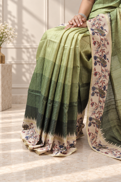 Olive Green Tussar Silk Katha Print Saree with Parrot Pallu