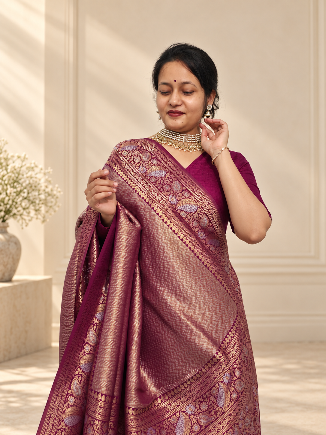 Deep Berry Magenta Uppada Pure Silk Saree with Floral Nakshatra Border