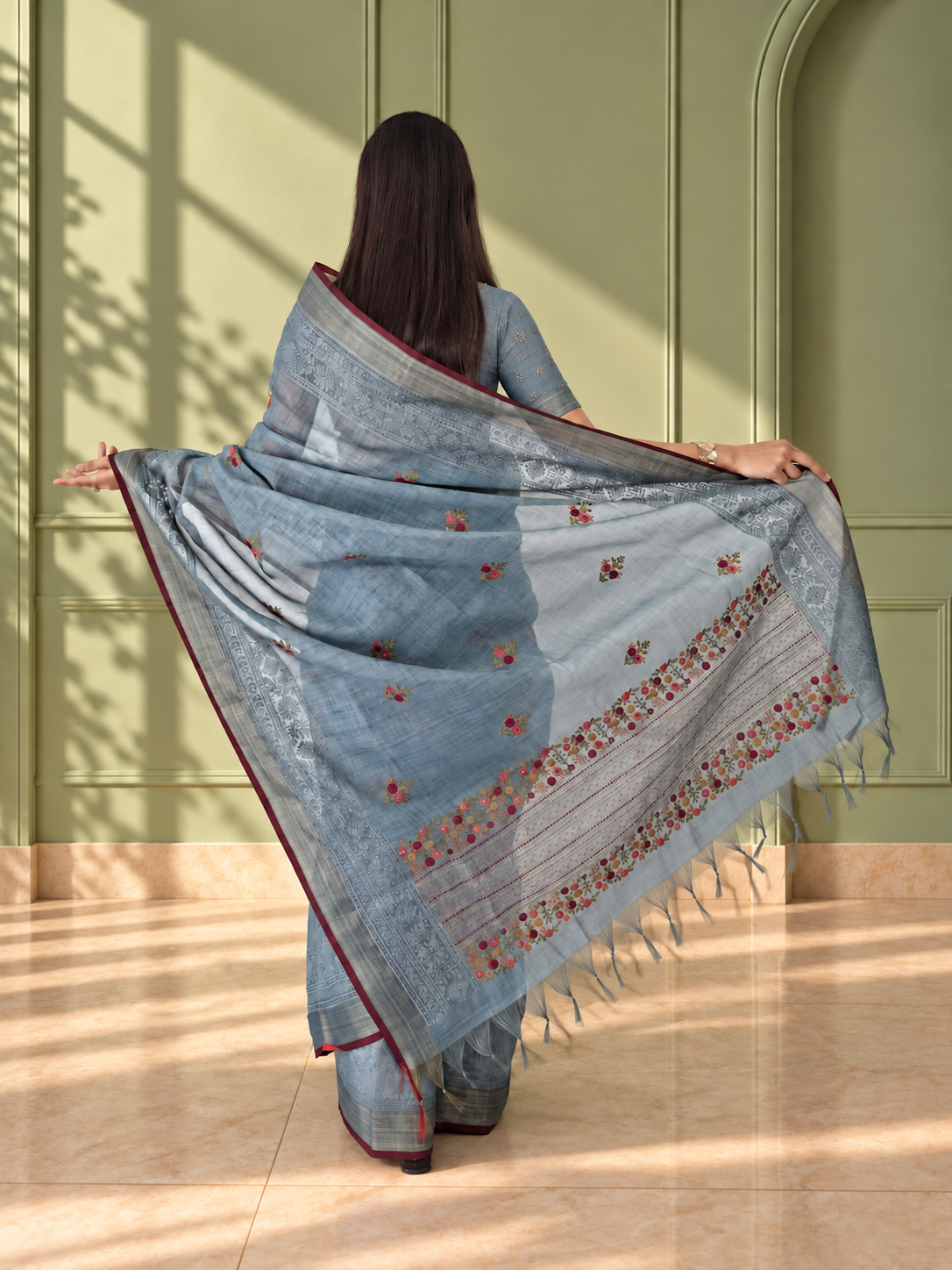 Pastel Blue Linen Saree with Hand Embroidered Kantha Work