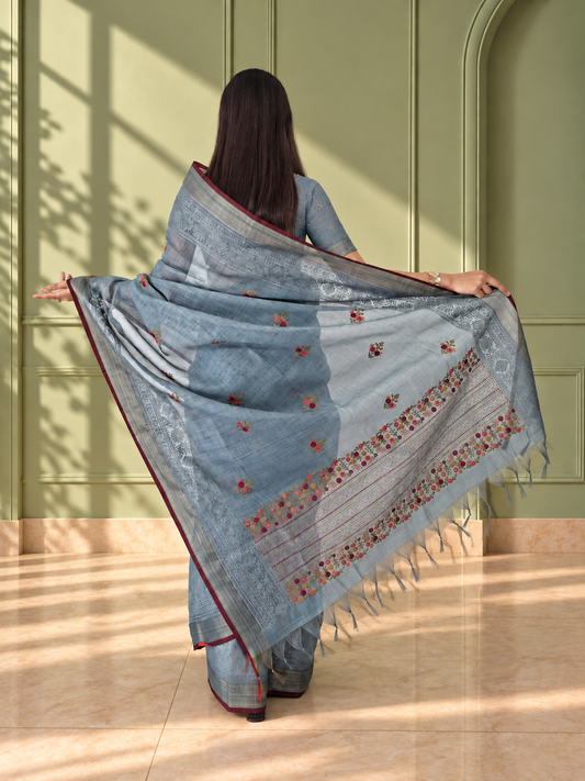 Pastel Blue Linen Saree with Hand Embroidered Kantha Work