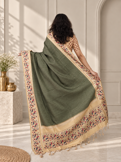 Bird & Floral Print Deep Olive Green Tussar Silk Saree