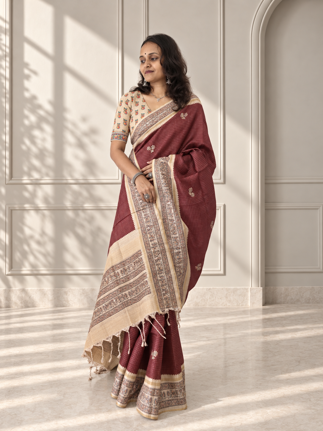 madhubani folk art muted terracotta tussar silk saree