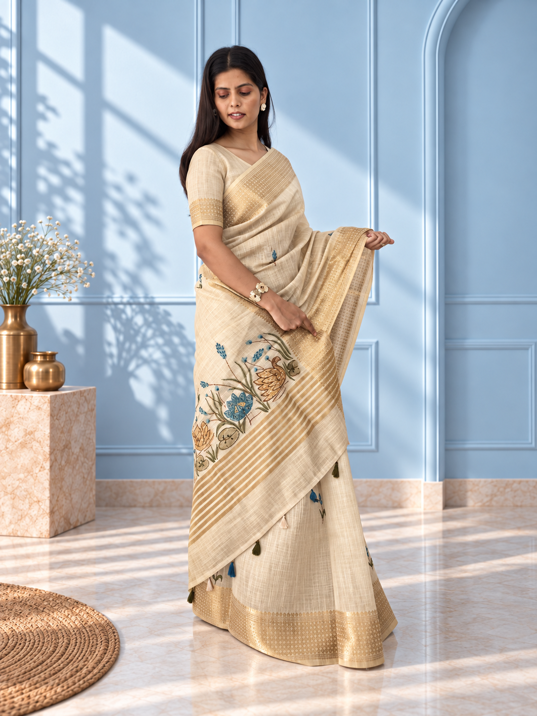 Ivory Linen Saree with Hand Embroidered Peacock Blue Florals