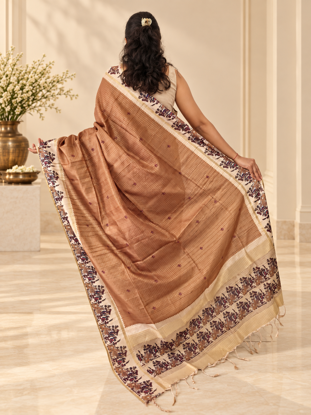 Heritage Folk Art Tussar Silk Saree – Camel Beige