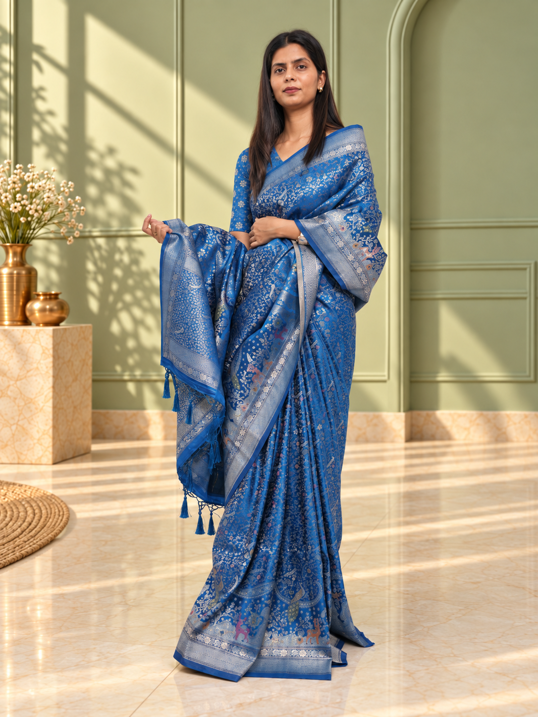 royal blue pure mashru silk handwoven banarasi saree with rich zari border