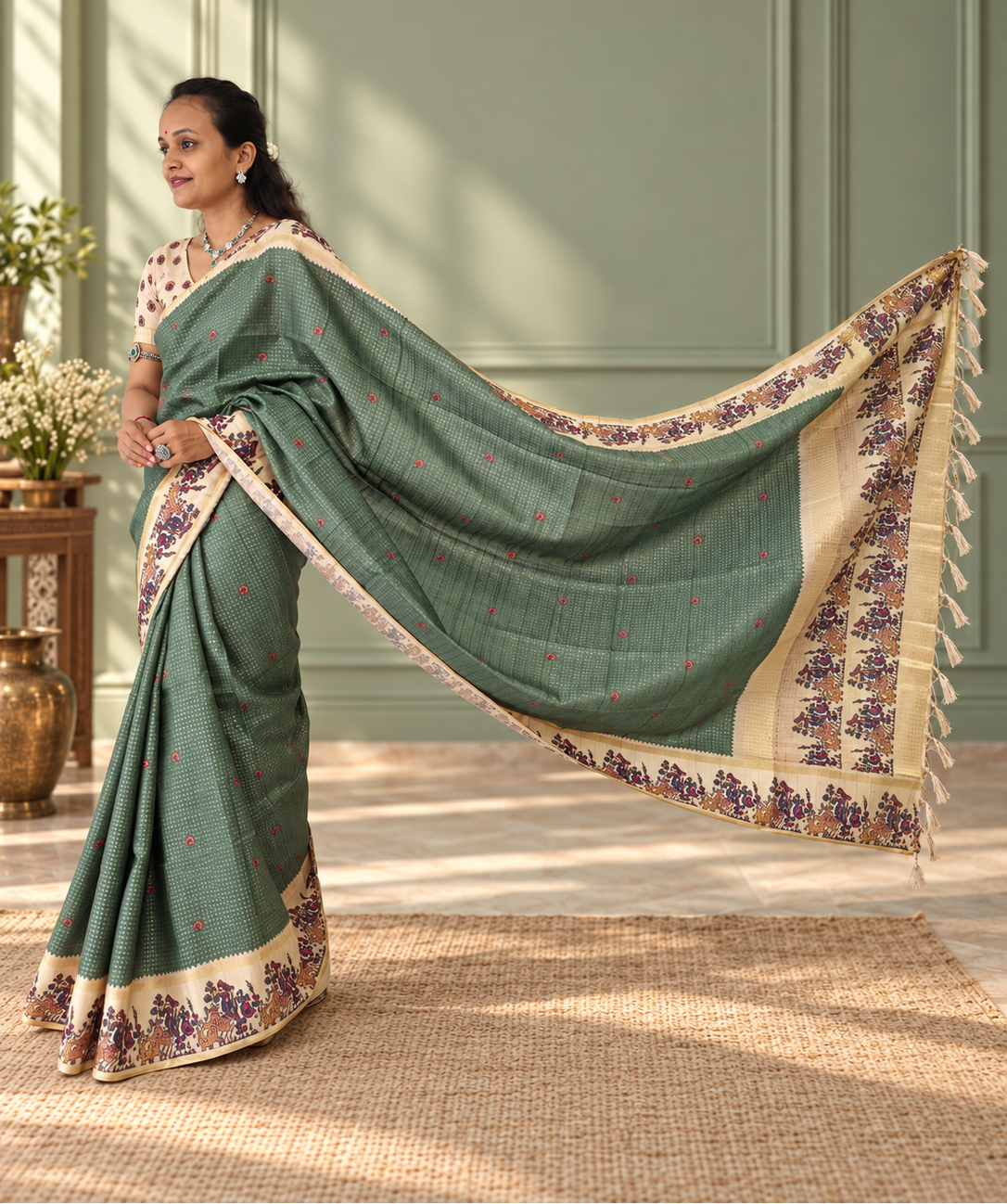 heritage folk art tussar silk saree – sage green