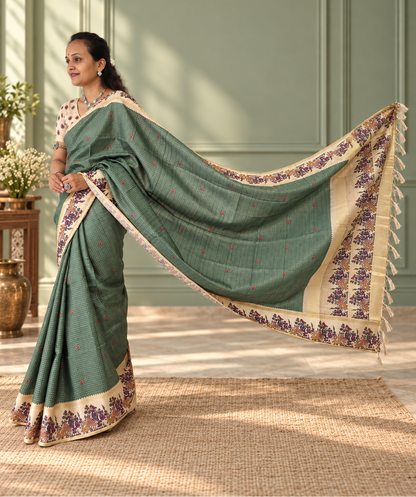 Heritage Folk Art Tussar Silk Saree – Sage Green