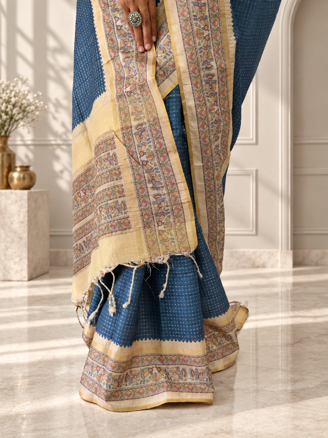madhubani folk art dusty slate blue tussar silk saree