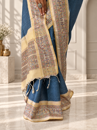 Madhubani Folk Art Dusty Slate Blue Tussar Silk Saree